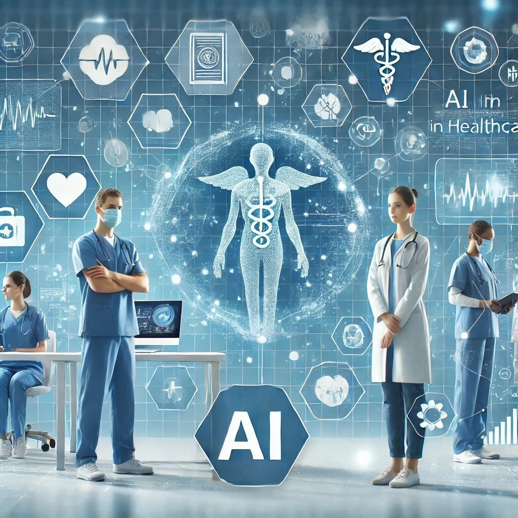 Clinicians reviewing holographic AI health dashboards