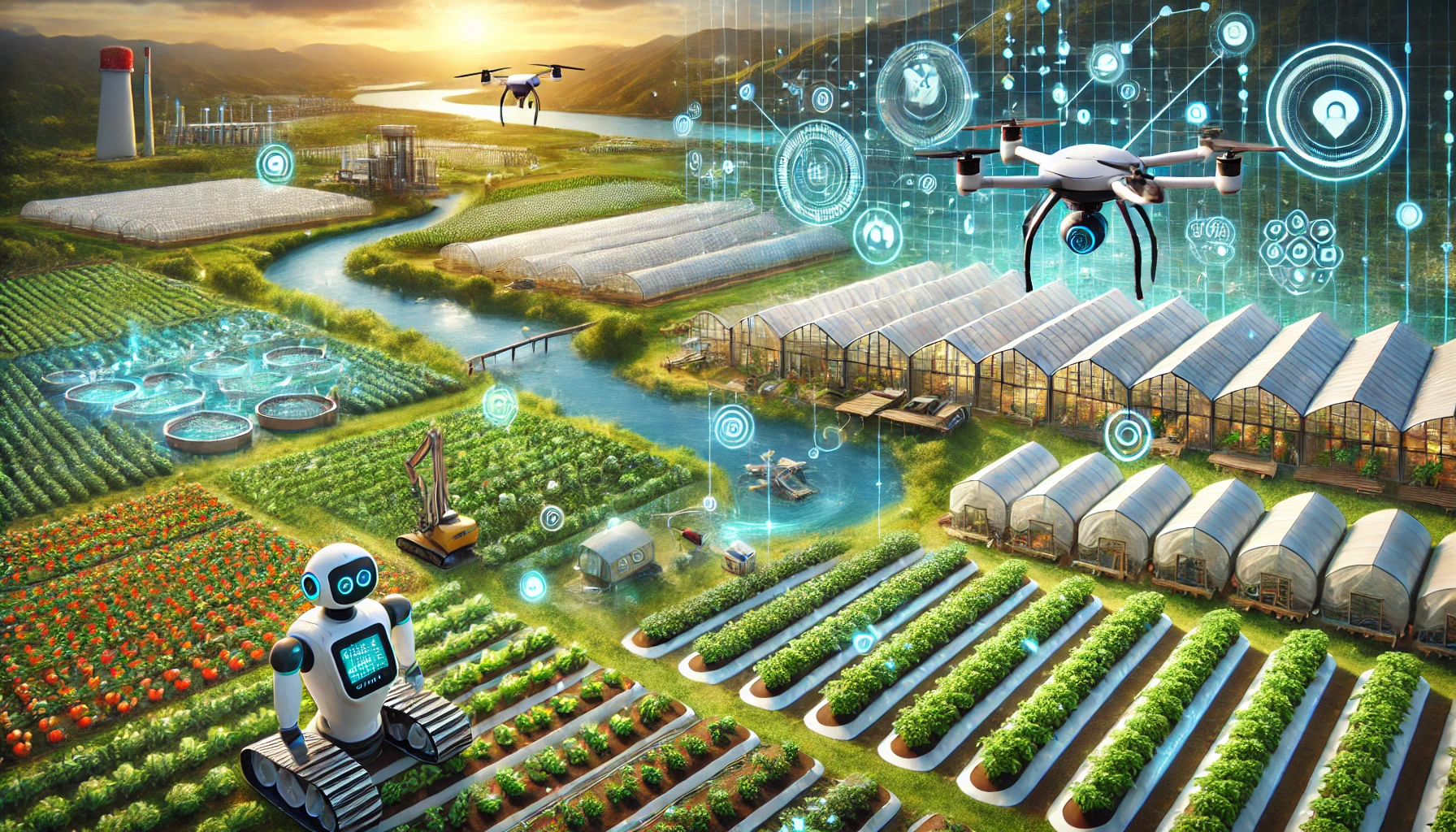 Smart farm with AI robots, drones and greenhouses at sunrise