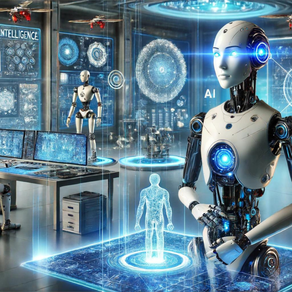 Humanoid robots and holographic interfaces in an AI research lab